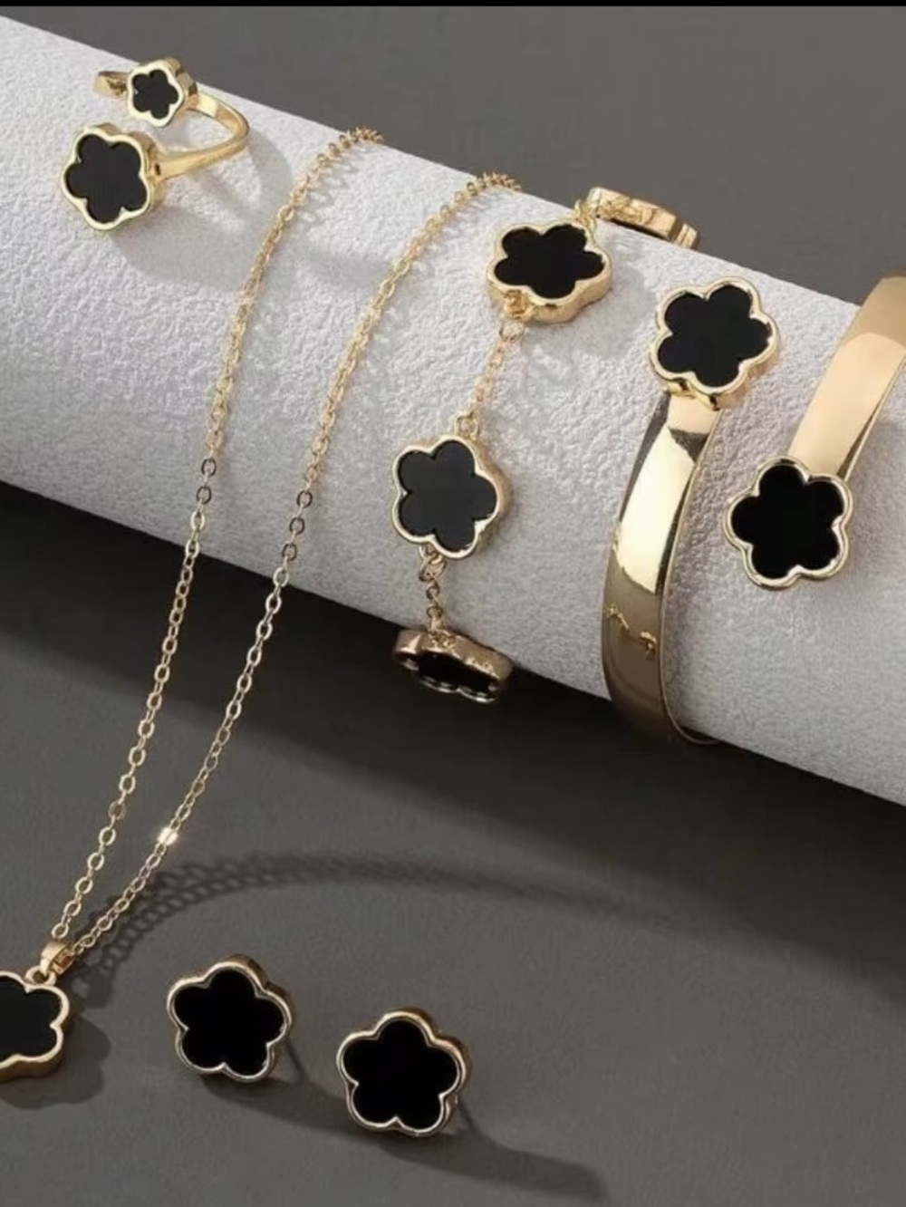Gold Black Clover Pendant Necklace , Bracelet , earrings set